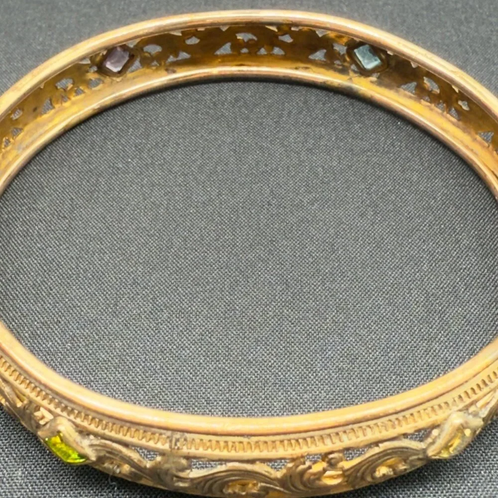 Vintage Filigree Gold and Glass Gem Bangle Bracelet Signed PB&R - Picture 3 of 9
